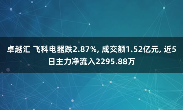 卓越汇 飞科电器跌2.87%, 成交额1.52亿元, 近5日主力净流入2295.88万